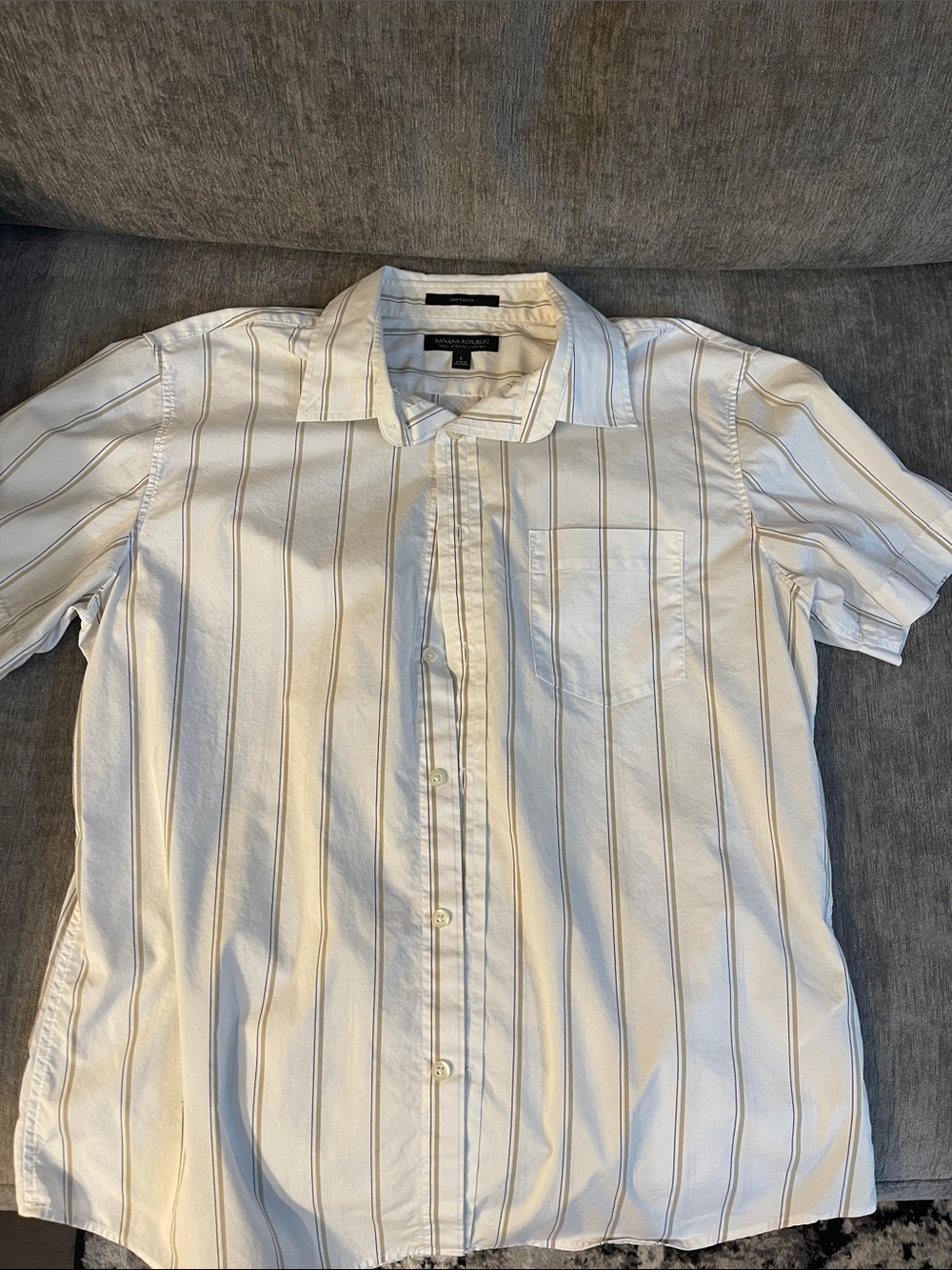 Banana Republic White Short-Sleeve Button-Down with Thin Tan Stripes